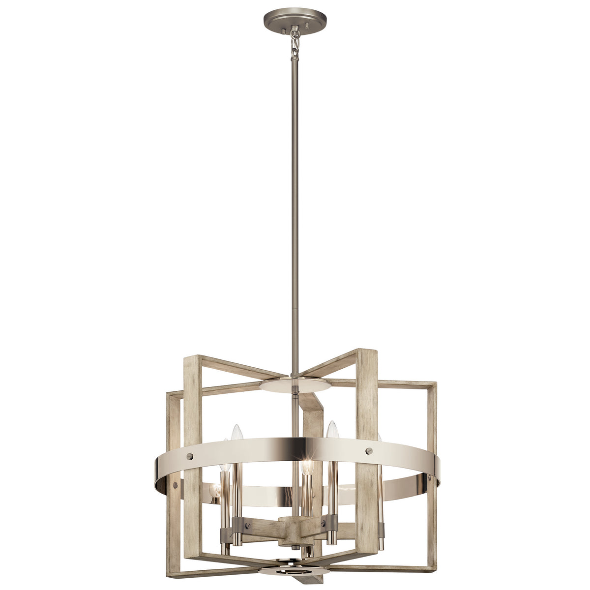 KICHLER 44290WWW Peyton 17.75" 5 Light Chandelier White Washed Wood And Polished And Satin Nickel Metal Details