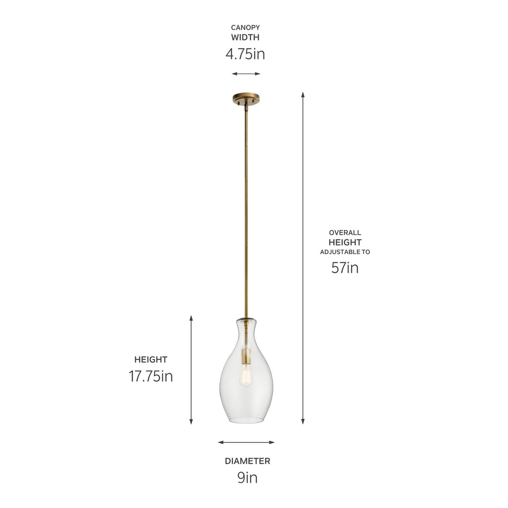 KICHLER 42047NBR Everly 17.75" 1 Light Hour Glass Pendant Clear Glass Natural Brass