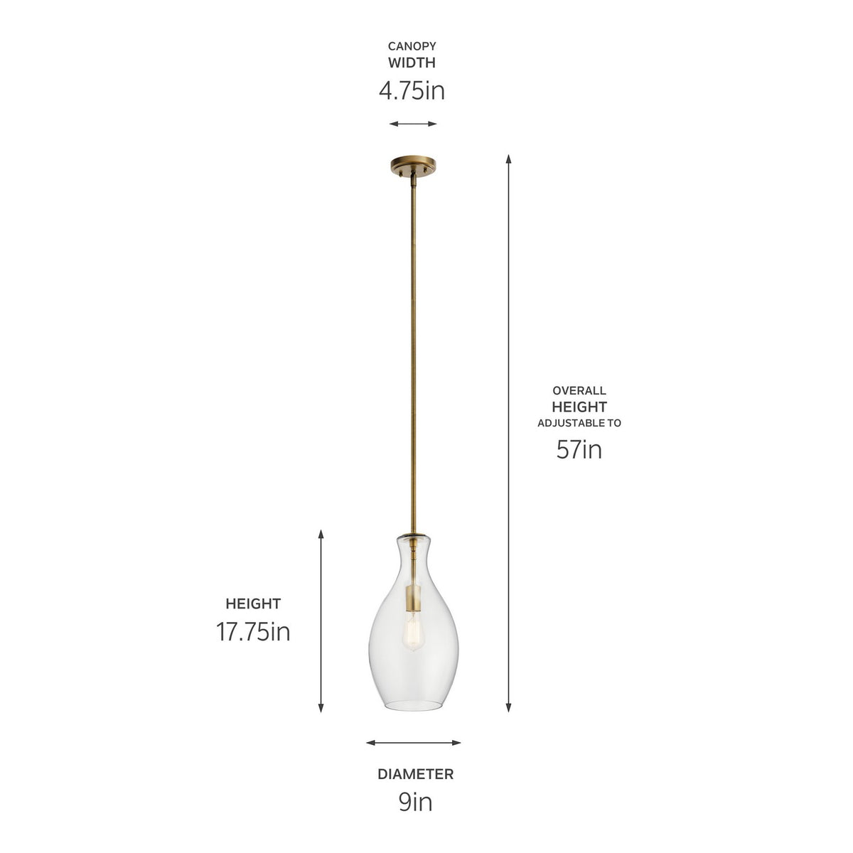 KICHLER 42047NBR Everly 17.75" 1 Light Hour Glass Pendant Clear Glass Natural Brass