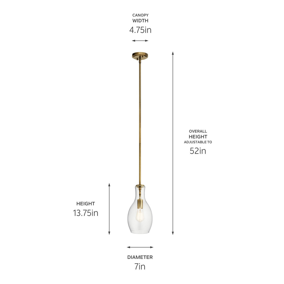 KICHLER 42456NBR Everly 13.75" 1 Light Hour Glass Pendant Clear Glass Natural Brass