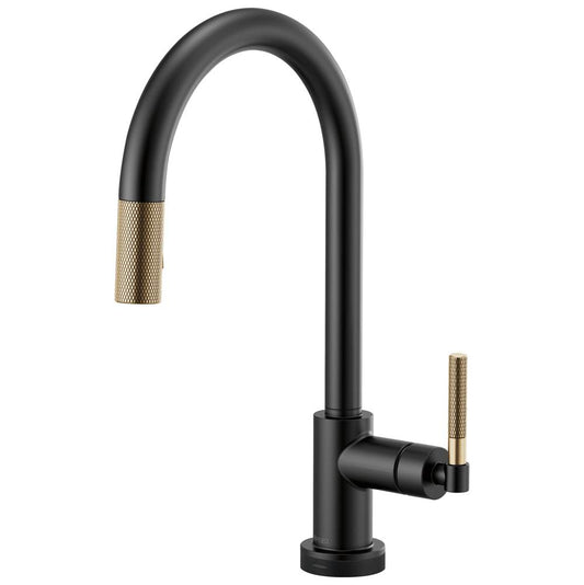 BRIZO Litze SmartTouch Pull-Down Kitchen Faucet with Arc Spout and Knurled Handle - Matte Black/Luxe Gold, 64043LF-BLGL
