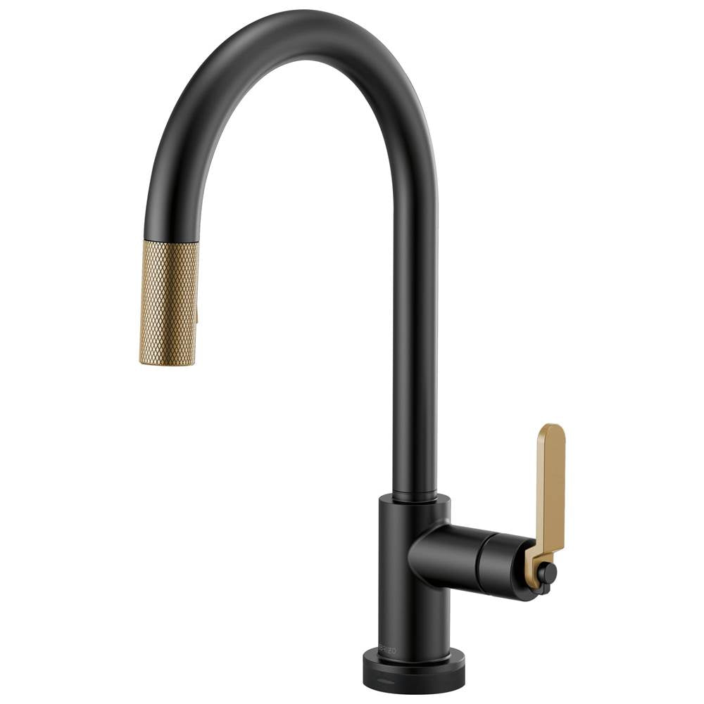 BRIZO Litze SmartTouch Pull-Down Kitchen Faucet with Arc Spout and Industrial Handle - Matte Black/Luxe Gold, 64044LF-BLGL