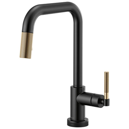 BRIZO Litze SmartTouch Pull-Down Kitchen Faucet with Square Spout and Knurled Handle - Matte Black/Luxe Gold, 64053LF-BLGL
