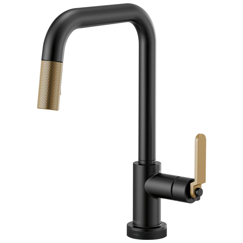 BRIZO Litze SmartTouch Pull-Down Kitchen Faucet with Square Spout and Industrial Handle - Matte Black/Luxe Gold, 64054LF-BLGL