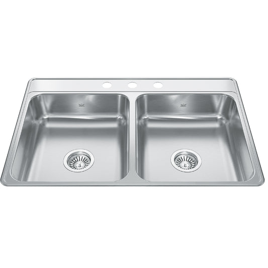 KINDRED CDLA3322-6-3N Creemore 33-in LR x 22-in FB x 6-in DP Drop In Double Bowl 3-Hole Stainless Steel Sink In Commercial Satin Finish