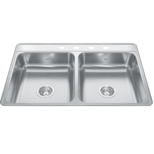 KINDRED CDLA3322-6-4N Creemore 33-in LR x 22-in FB x 6-in DP Drop In Double Bowl 4-Hole Stainless Steel Sink In Commercial Satin Finish