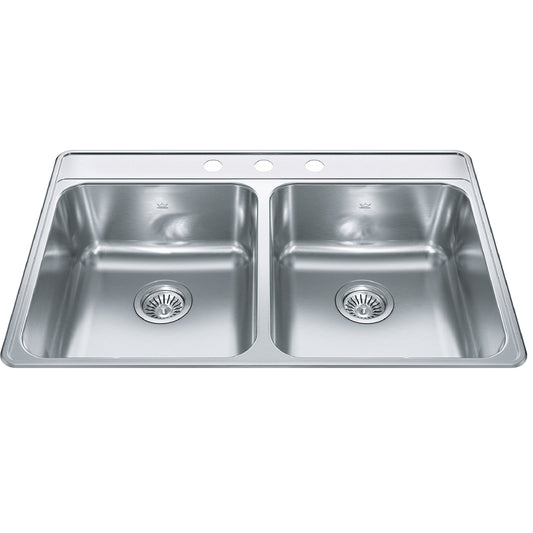 KINDRED CDLA3322-8-3CBN Creemore 33-in LR x 22-in FB x 8-in DP Drop In Double Bowl 3-Hole Stainless Steel Kitchen Sink In Commercial Satin Finish