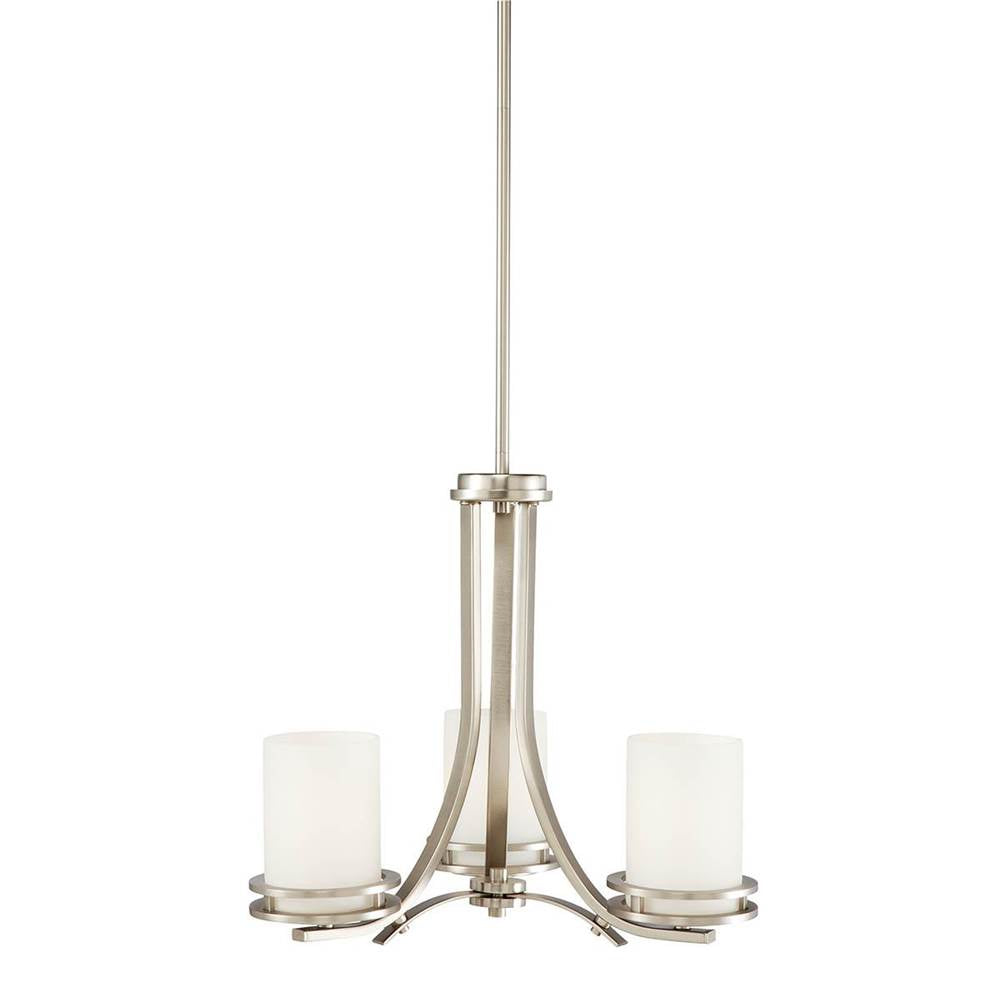 KICHLER 1671NI Hendrik 16.75" 3 Light Chandelier with Satin Etched Cased Opal Glass Brushed Nickel