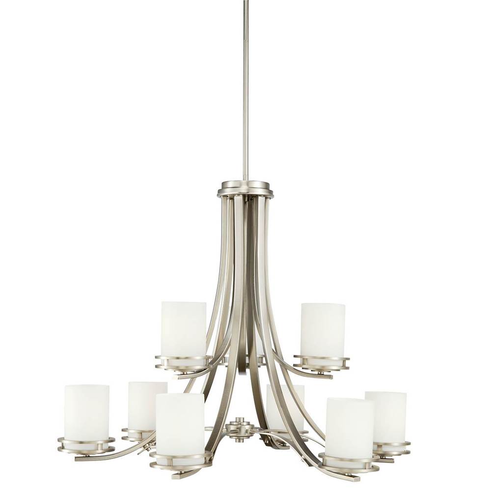 KICHLER 1674NI Hendrik 25.75" 9 Light Chandelier with Satin Etched Cased Opal Glass Brushed Nickel