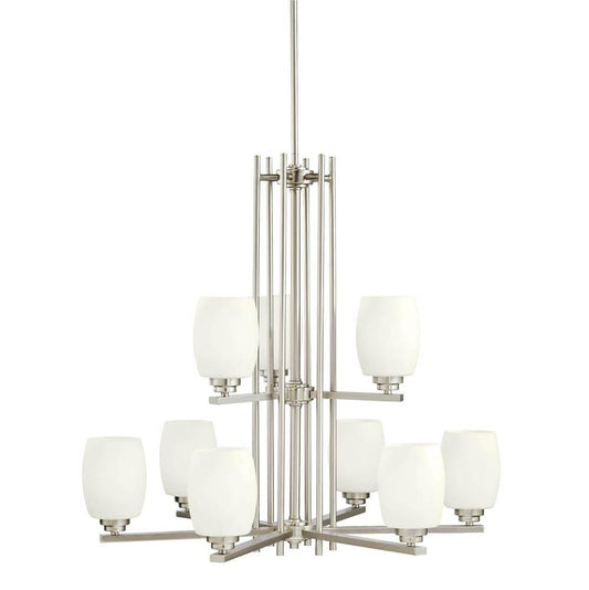 KICHLER 1897NI Eileen 28.25" 9 Light 2 Tier Chandelier with Satin Etched Cased Opal Glass in Brushed Nickel