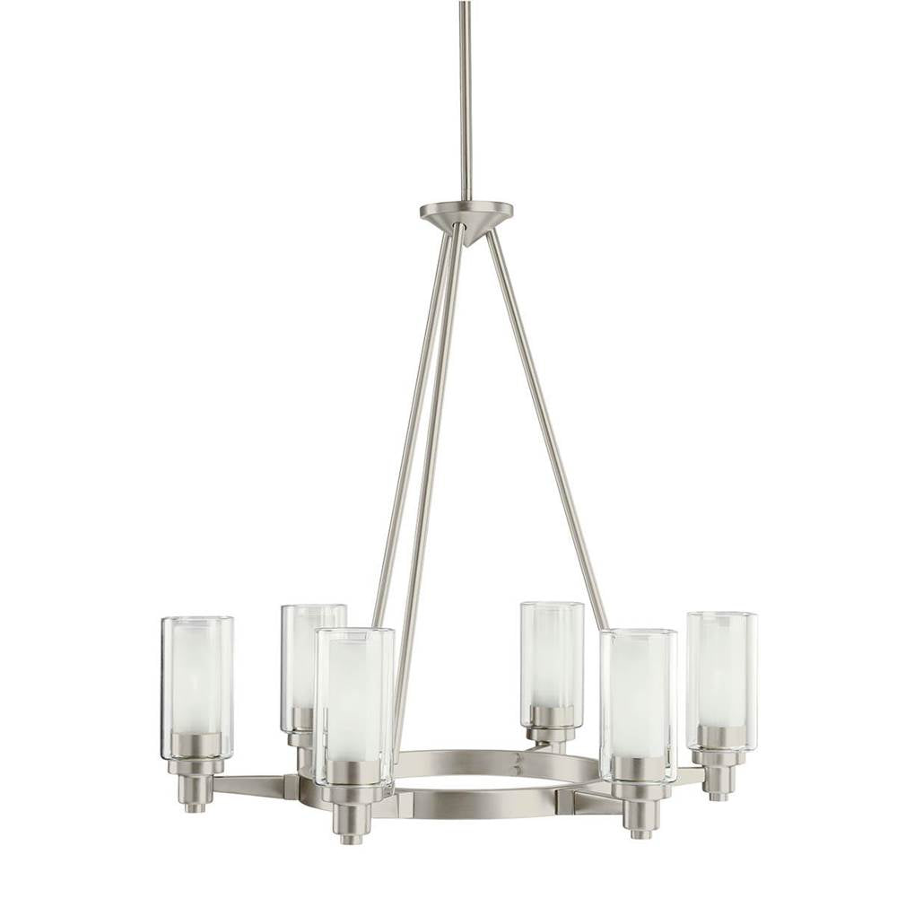 KICHLER 2344NI Circolo 26.5" 6 light Round Chandelier with Clear Outer and Satin Etched Inner Cylinders Brushed Nickel