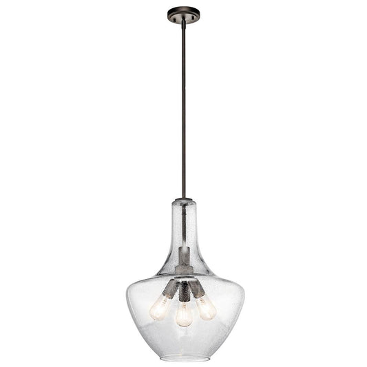 KICHLER 42190OZ Everly 22.75" 3 Light Bell Pendant Clear Seeded Glass Olde Bronze