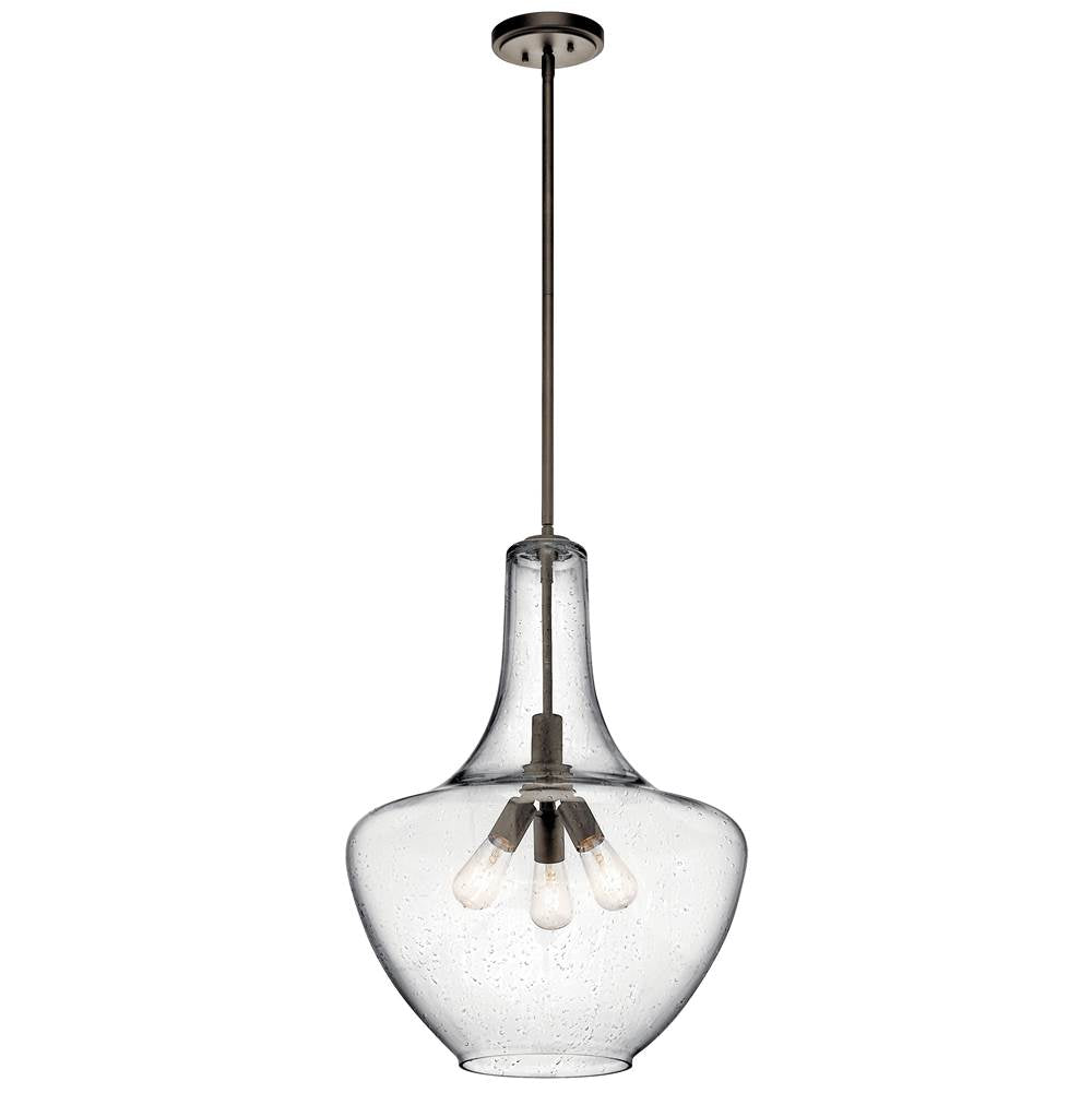KICHLER 42198OZ Everly 27.5" 3 Light Bell Pendant Clear Seeded Glass Olde Bronze