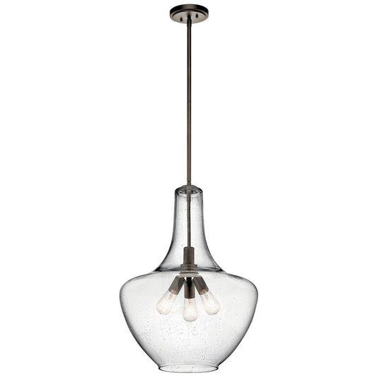 KICHLER 42198OZ Everly 27.5" 3 Light Bell Pendant Clear Seeded Glass Olde Bronze