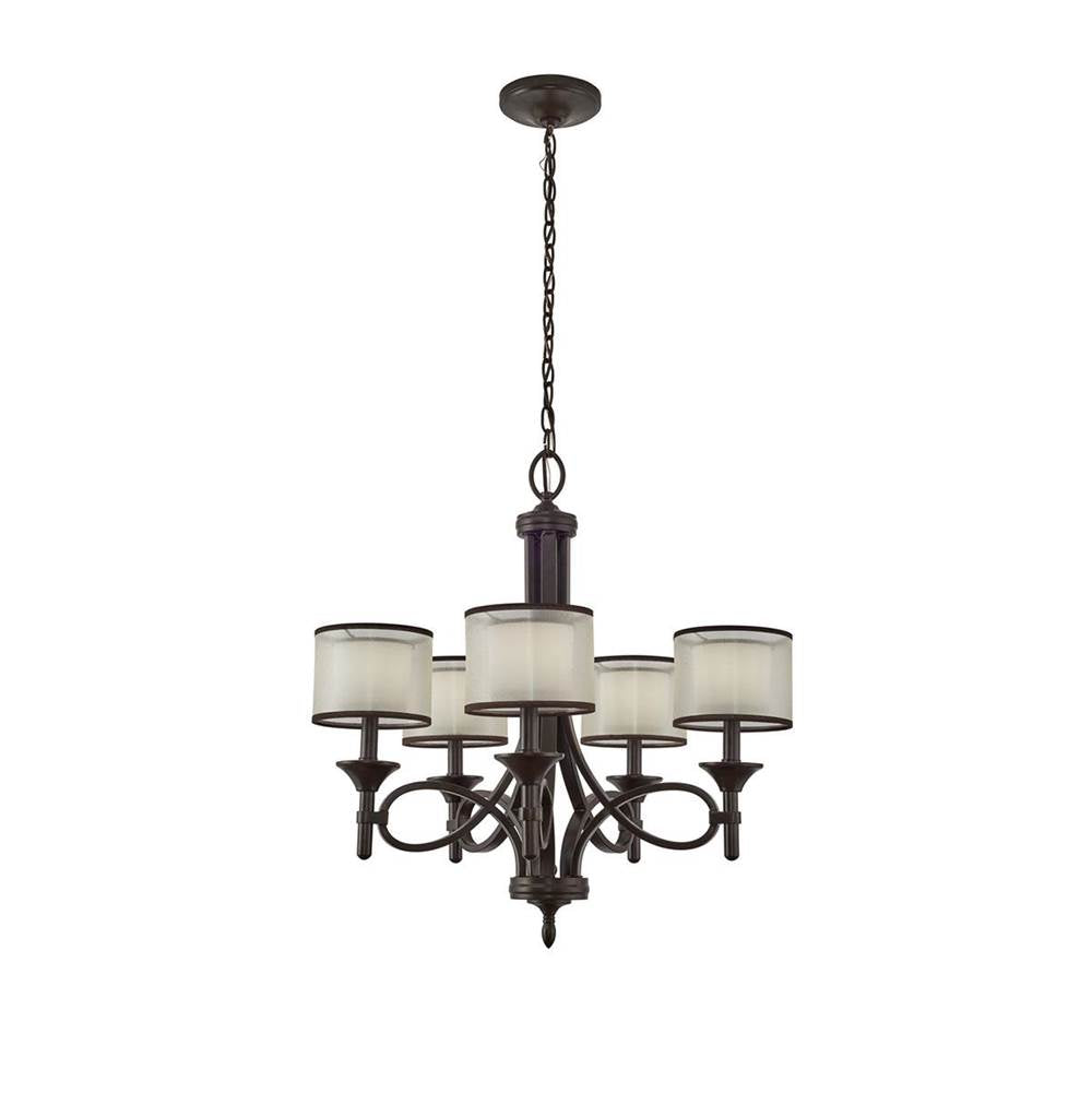 KICHLER 42381MIZ Lacey 26" 5 Light Chandelier with Satin Etched Cased Opal Inner Diffusers and Light Umber Translucent Organza Outer Shade in Mission Bronze