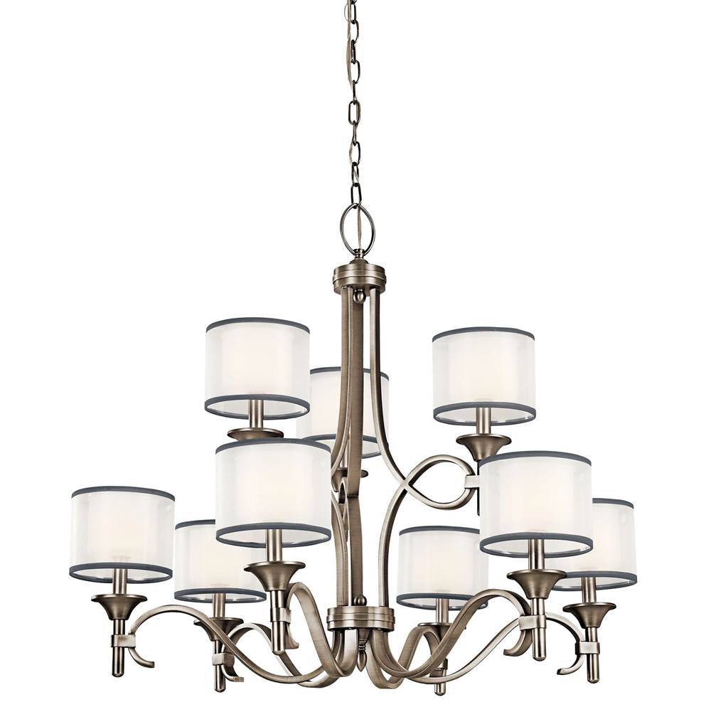 KICHLER 42382AP Lacey 29.5" 9 Light 2 Tier Chandelier with Satin Etched Cased Opal Inner Diffusers and White Translucent Organza Outer Shade in Antique Pewter