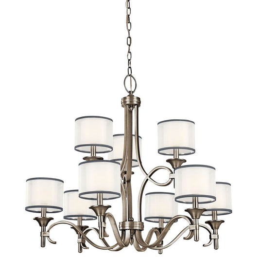 KICHLER 42382AP Lacey 29.5" 9 Light 2 Tier Chandelier with Satin Etched Cased Opal Inner Diffusers and White Translucent Organza Outer Shade in Antique Pewter