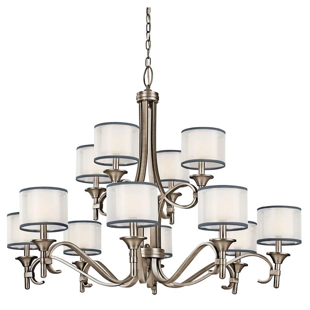 KICHLER 42383AP Lacey 32" 12 Light 3 Tier Chandelier with Satin Etched Cased Opal Inner Diffusers and White Translucent Organza Outer Shade in Antique Pewter
