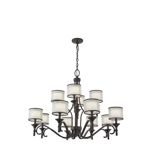 KICHLER 42383MIZ Lacey 32" 12 Light 3 Tier Chandelier with Satin Etched Cased Opal Inner Diffusers and Light Umber Translucent Organza Outer Shade in Mission Bronze