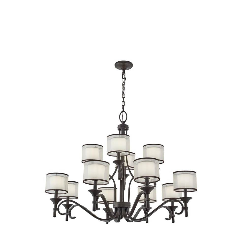 KICHLER 42383MIZ Lacey 32" 12 Light 3 Tier Chandelier with Satin Etched Cased Opal Inner Diffusers and Light Umber Translucent Organza Outer Shade in Mission Bronze