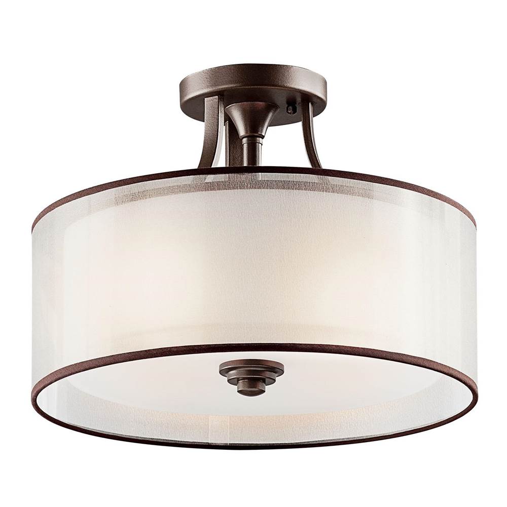 KICHLER 42386MIZ Lacey 15" 3 Light Semi Flush with Satin Etched Cased Opal Inner Diffusers and Light Umber Translucent Organza Outer Shade in Mission Bronze