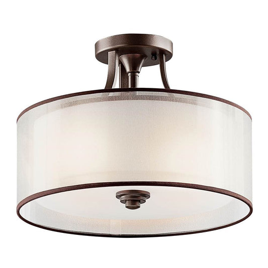 KICHLER 42386MIZ Lacey 15" 3 Light Semi Flush with Satin Etched Cased Opal Inner Diffusers and Light Umber Translucent Organza Outer Shade in Mission Bronze