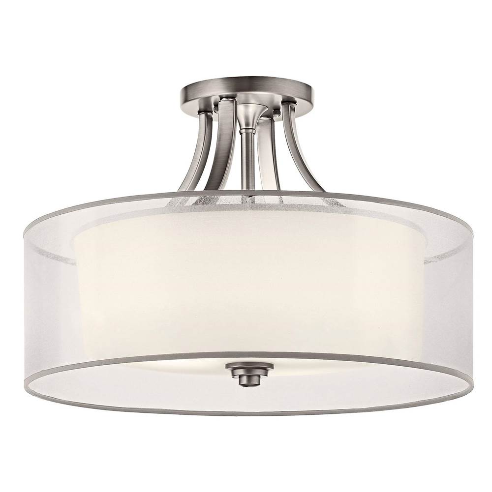 KICHLER 42387AP Lacey 20" 4 Light Semi Flush with Satin Etched Cased Opal Inner Diffusers and White Translucent Organza Outer Shade in Antique Pewter