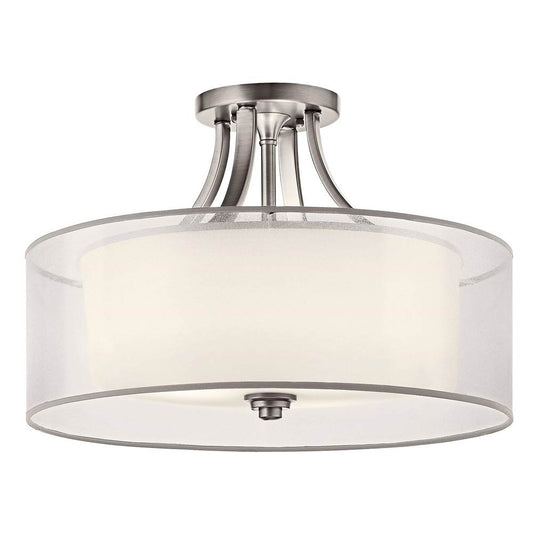 KICHLER 42387AP Lacey 20" 4 Light Semi Flush with Satin Etched Cased Opal Inner Diffusers and White Translucent Organza Outer Shade in Antique Pewter