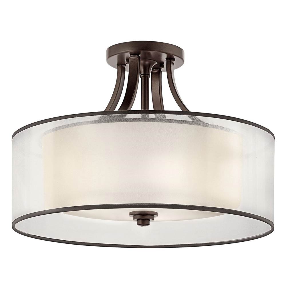 KICHLER 42387MIZ Lacey 20" 4 Light Semi Flush with Satin Etched Cased Opal Inner Diffusers and Light Umber Translucent Organza Outer Shade in Mission Bronze