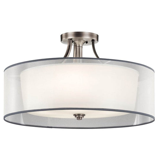 KICHLER 42399AP Lacey 28" 5 Light Semi Flush with Satin Etched Cased Opal Inner Diffusers and White Translucent Organza Outer Shade in Antique Pewter
