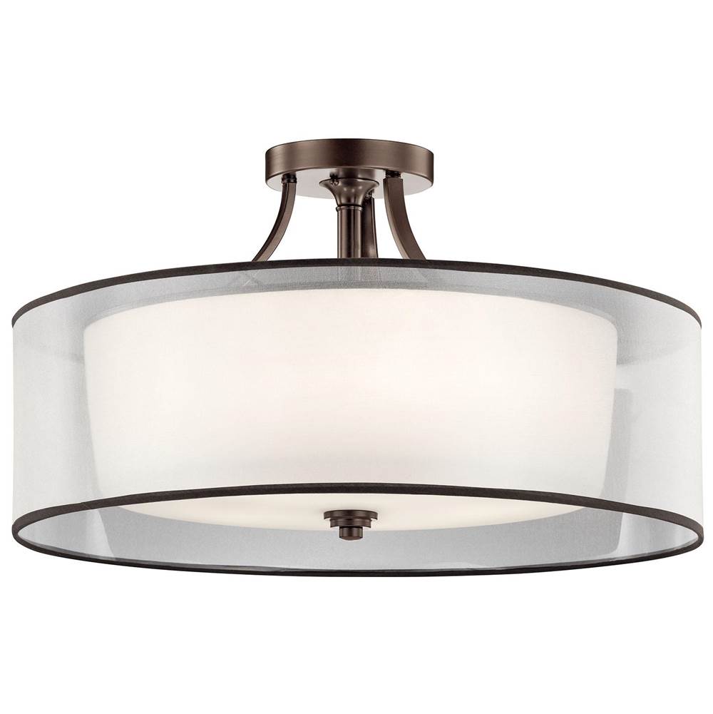 KICHLER 42399MIZ Lacey 28" 5 Light Semi Flush with Satin Etched Cased Opal Inner Diffusers and Light Umber Translucent Organza Outer Shade in Mission Bronze