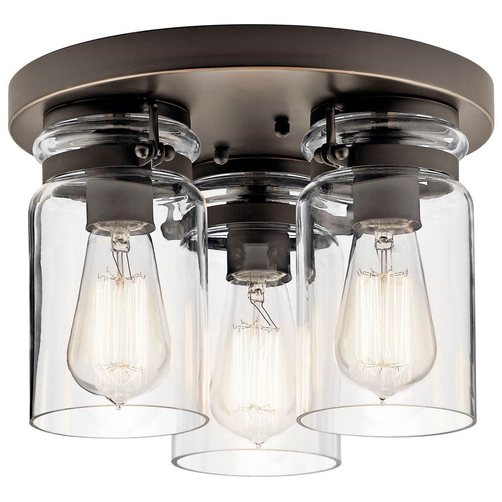 KICHLER 42891OZ Brinley 11.75" 3 Light Flush Mount with Clear Glass Olde Bronze