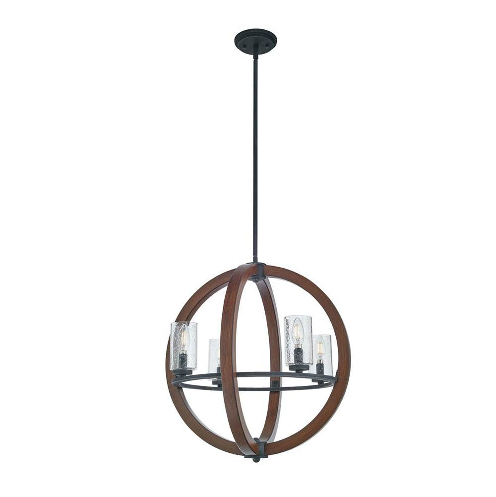 KICHLER 43185AUB Grand Bank 21.5" 4 Light Chandelier with Clear Seeded Glass in Auburn Stained Wood and Distressed Black Metal