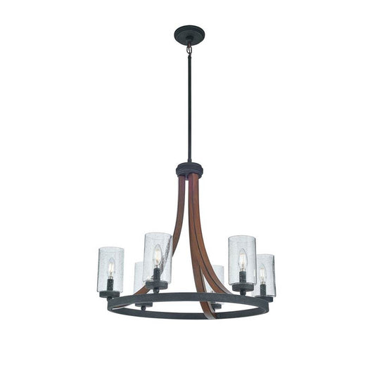 KICHLER 43193AUB Grand Bank 22.5" 6 Light Chandelier with Clear Seeded Glass in Auburn Stained Wood and Distressed Black Metal