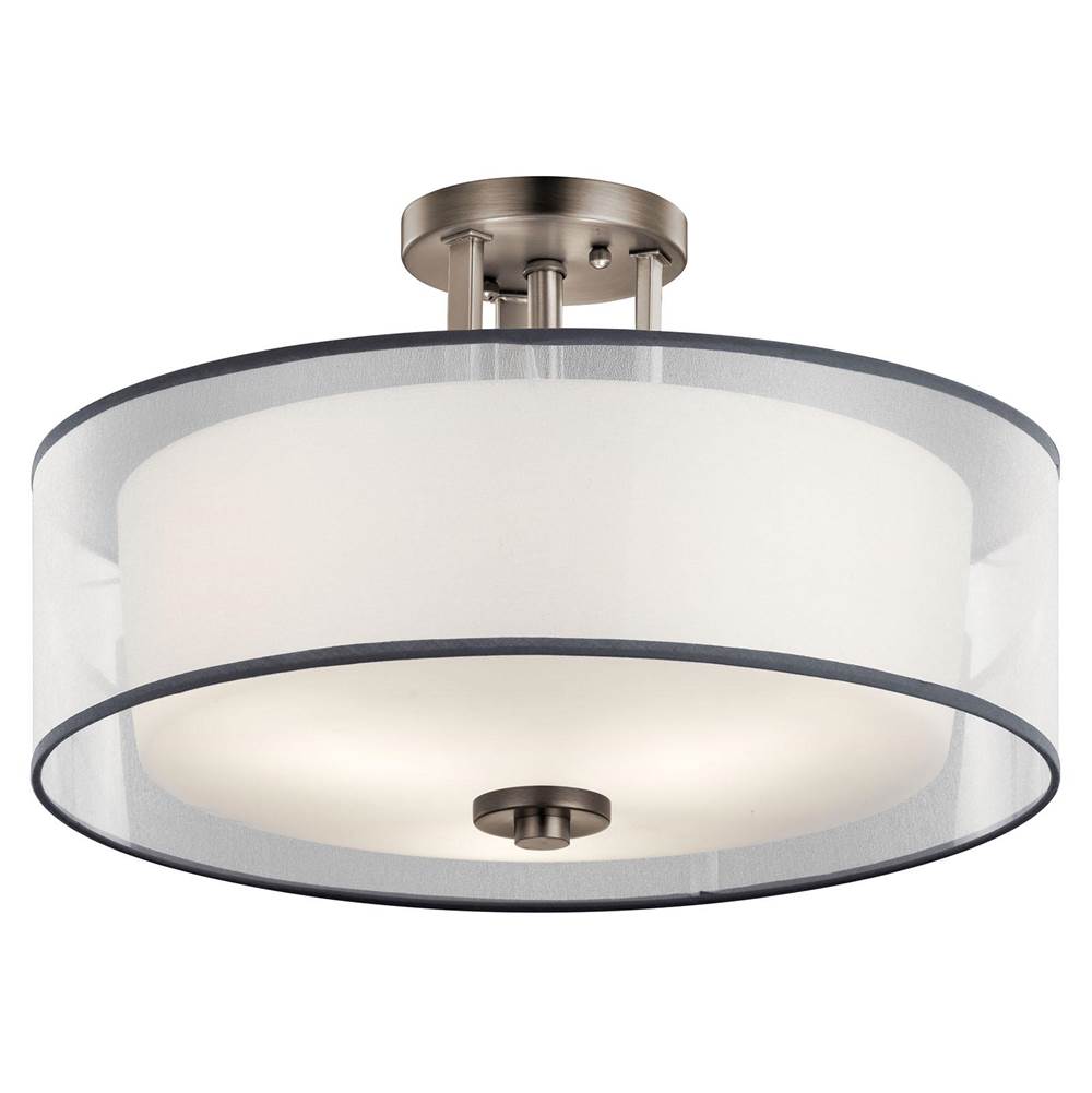 KICHLER 43194AP Tallie 18" 3 Light Semi Flush with Satin Etched White Inner Diffuser and White Translucent Organza Outer Shade in Antique Pewter
