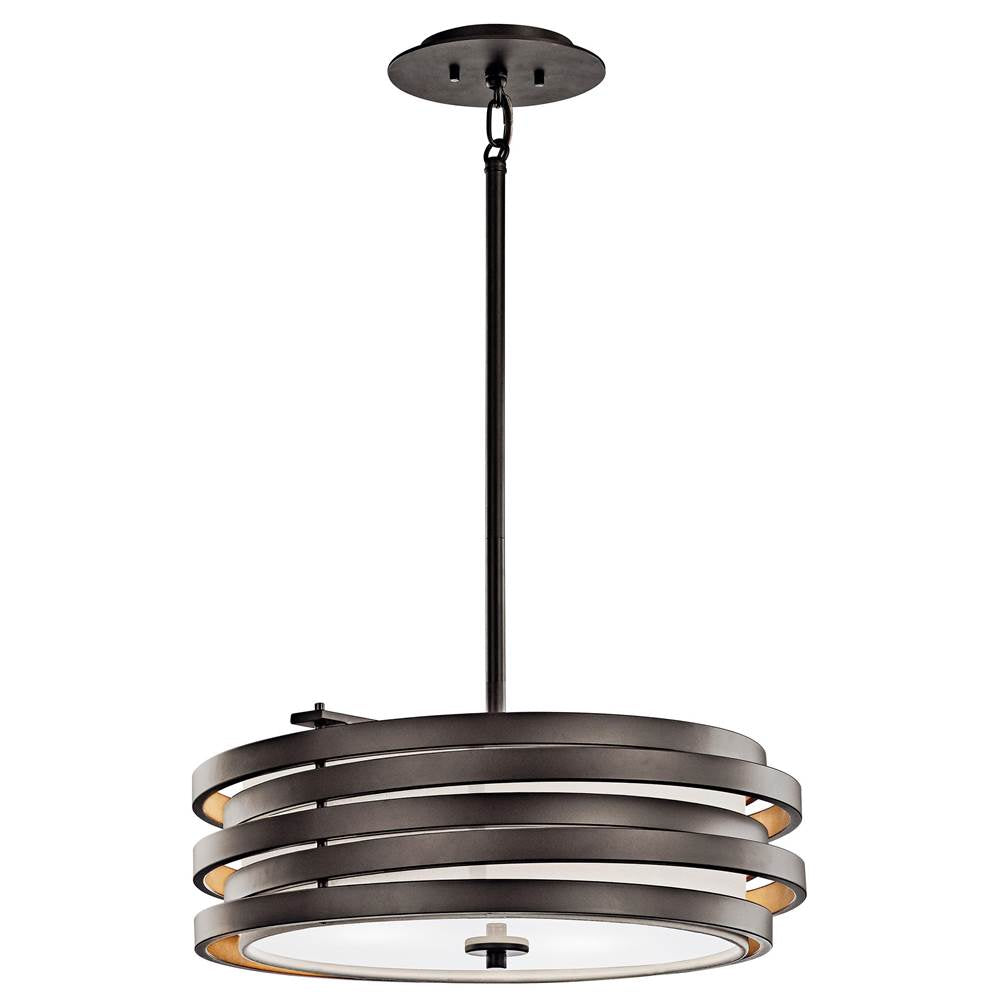 KICHLER 43301OZ Roswell 7.25" 3 Light Pendant with Satin Etched Diffuser and Off White Linen Shade in Olde Bronze