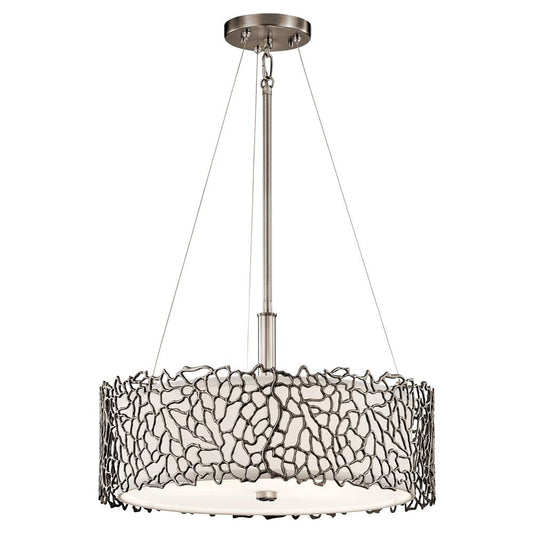 KICHLER 43346CLP Silver Coral 11" 3 Light Convertible Pendant with Etched Diffuser and White Fabric Shade in Classic Pewter