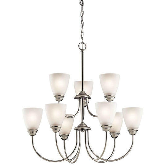 KICHLER 43639NI Jolie 28" 9 Light Chandelier with Satin Etched Glass in Brushed Nickel