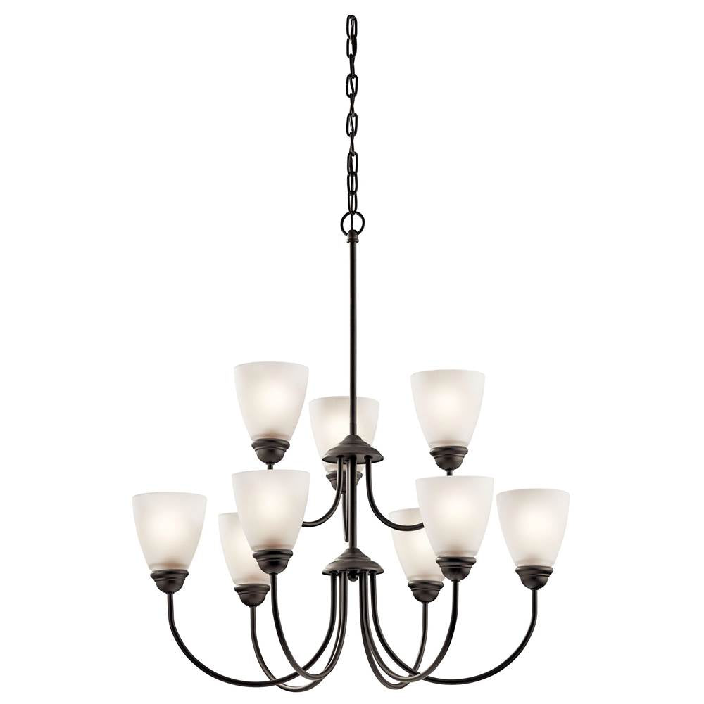 KICHLER 43639OZ Jolie 28" 9 Light Chandelier with Satin Etched Glass in Olde Bronze
