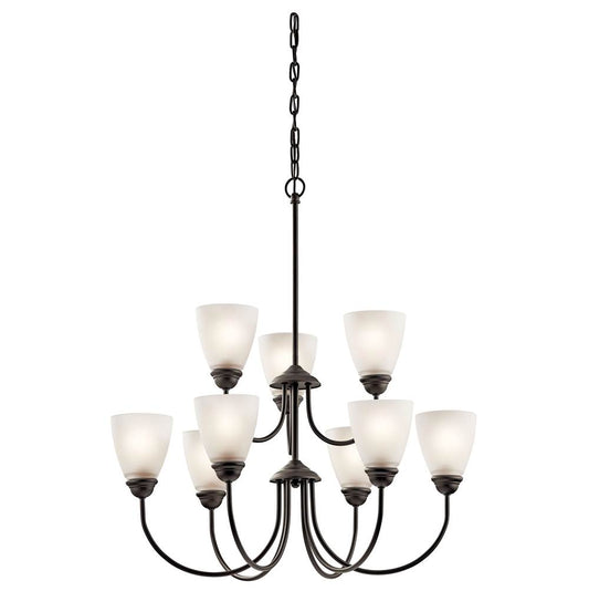 KICHLER 43639OZ Jolie 28" 9 Light Chandelier with Satin Etched Glass in Olde Bronze