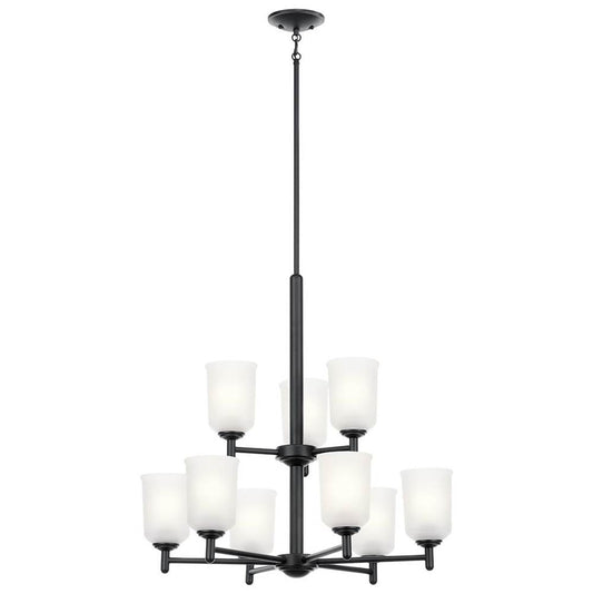 KICHLER 43672BK Shailene 26.5" 9 Light 2 Tier Chandelier with Satin Etched Glass in Brushed Nickel