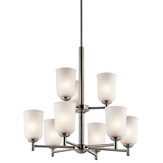 KICHLER 43672NI Shailene 26.5" 9 Light 2 Tier Chandelier with Satin Etched Glass in Brushed Nickel