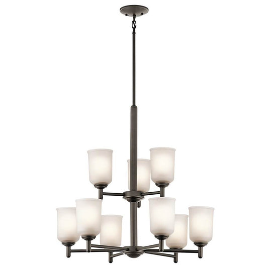 KICHLER 43672OZ Shailene 18.25" 9 Light 2 Tier Chandelier with Satin Etched Glass in Olde Bronze