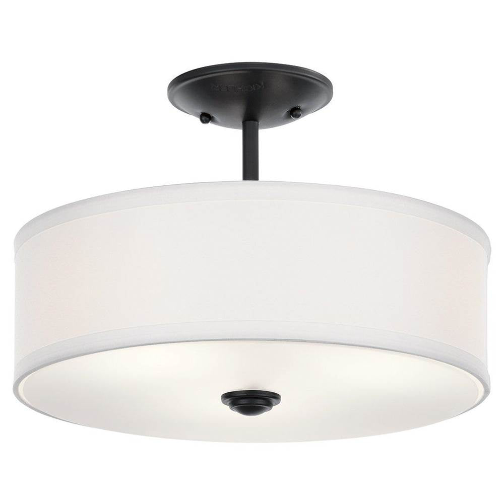 KICHLER 43675BK Shailene 14" 3 Light Round Semi Flush with Satin Etched White Diffuser and White Microfiber Shade in Brushed Nickel