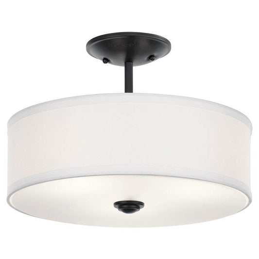 KICHLER 43675BK Shailene 14" 3 Light Round Semi Flush with Satin Etched White Diffuser and White Microfiber Shade in Brushed Nickel
