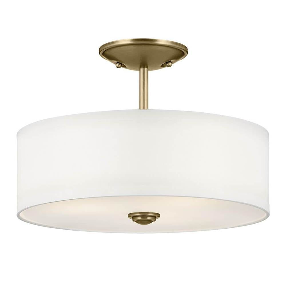 KICHLER 43675NBR Shailene 10" 3-Light Small Round Semi Flush with White Fabric Shade and Clear Satin Etched Diffuser in Natural Brass