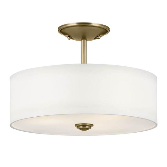 KICHLER 43675NBR Shailene 10" 3-Light Small Round Semi Flush with White Fabric Shade and Clear Satin Etched Diffuser in Natural Brass