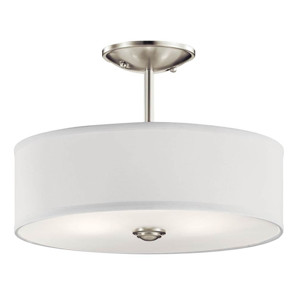KICHLER 43675NI Shailene 14" 3 Light Round Semi Flush with Satin Etched White Diffuser and White Microfiber Shade in Brushed Nickel