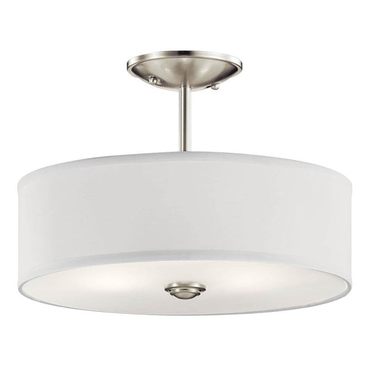KICHLER 43675NI Shailene 14" 3 Light Round Semi Flush with Satin Etched White Diffuser and White Microfiber Shade in Brushed Nickel