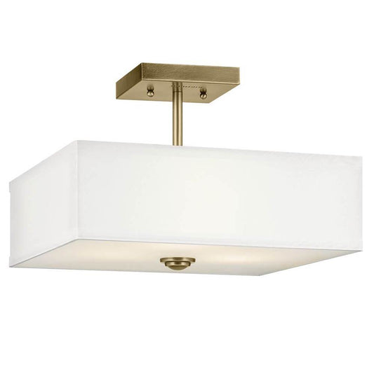 KICHLER 43691NBR Shailene 14" 3-Light Medium Square Semi Flush with White Fabric Shade and Clear Satin Etched Diffuser in Natural Brass